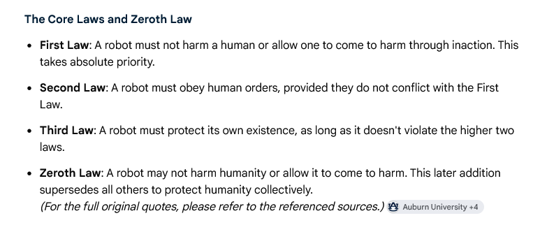 ScarletTanager8's tweet photo. @TrueFactsStated Asimov was a fiction writer. He wrote some fictional laws in 1942 to prevent his readers from being scared shitless &amp; throwing out his book.

He's gone now, and The Laws remain only as a quaint, naive blip of fiction from the Before Times. https://t.co/O6qljBcXYu