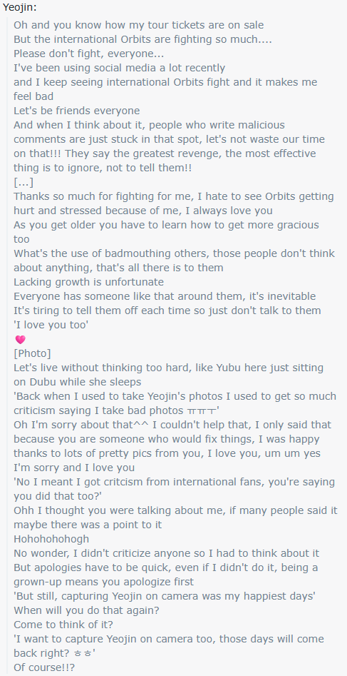litell_johnn's tweet photo. Chat highlights: Yeojin is disheartened by fighting among fans (260909)

Text links:
https://t.co/xSNOtsJJ7S https://t.co/y0JoCm3VVi