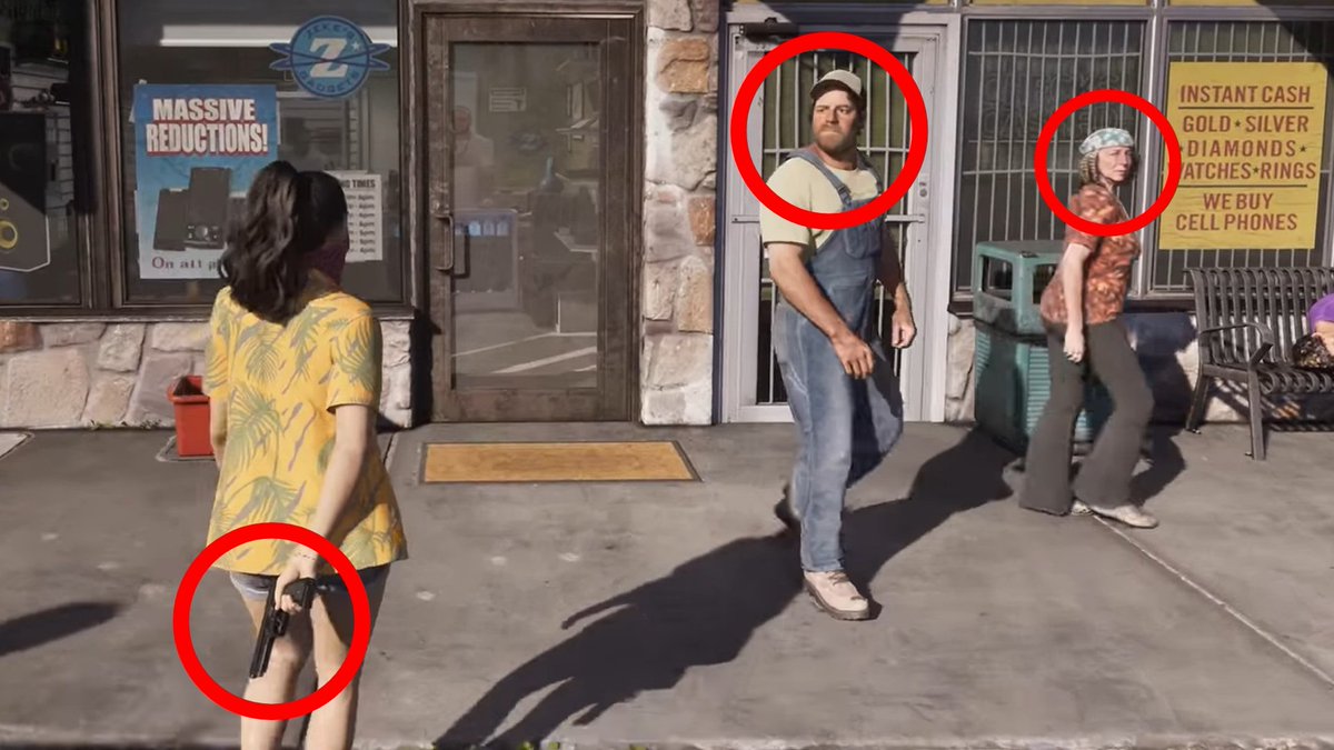 GTA6Alerts's tweet photo. Rockstar North development lead Rob Nelson revealed that in GTA 6, NPCs and police will realistically react to players openly carrying weapons because the oblivious behavior from GTA 5 no longer fits modern visual fidelity and AI sophistication.

As a result, players are limited to concealing 2 handguns, while carrying visible long guns in hand will cause bystanders to act cautiously and move away.