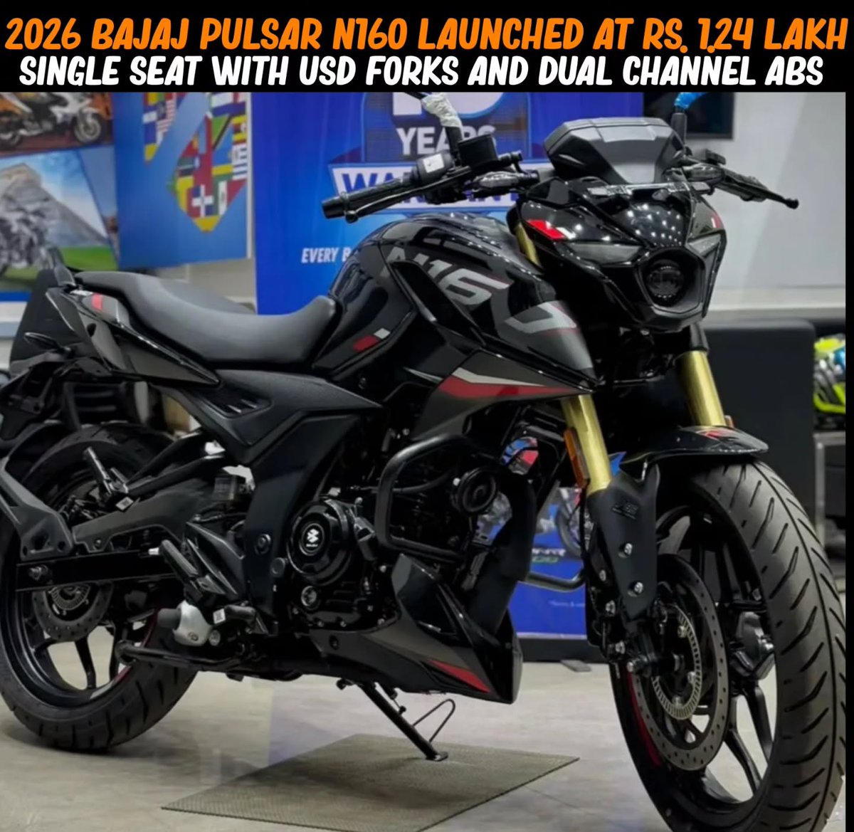 KerryTredwiv's tweet photo. Bajaj has launched the new Pulsar N160 single-seat variant at Rs. 1. 24 lakh ex-showroom. It gets golden USD forks, 3 riding modes, dual-channel ABS, a more comfortable single-piece seat, and the same 164. 82cc engine producing 16 bhp and 14. 65 https://t.co/Lwv0qK8iCL