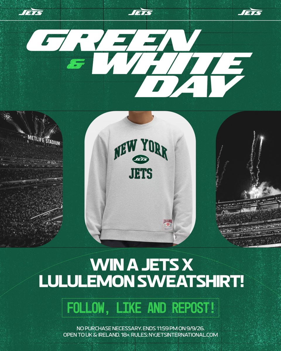 NYJetsinUKandIE's tweet photo. Level up your season wardrobe! 🔥

We're giving away a Jets x Lululemon sweatshirt - simply follow us and repost for your chance to win!

18+, UK and Ireland only, full T&amp;Cs in link below!

#JetsPrizeDraw https://t.co/jZPDpcnNzJ