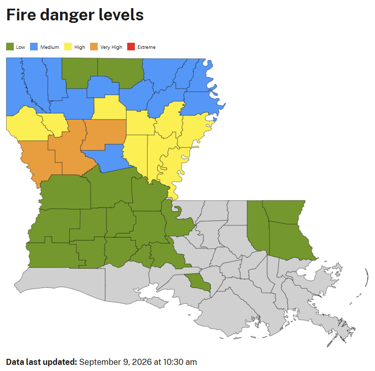 LaStateClimate's tweet photo. While there has been some beneficial rain recently across the state, many parishes still have 'Burn Bans' in place and Fire Danger listed as 'High' or 'Very High'. https://t.co/qImtY0VRHo
