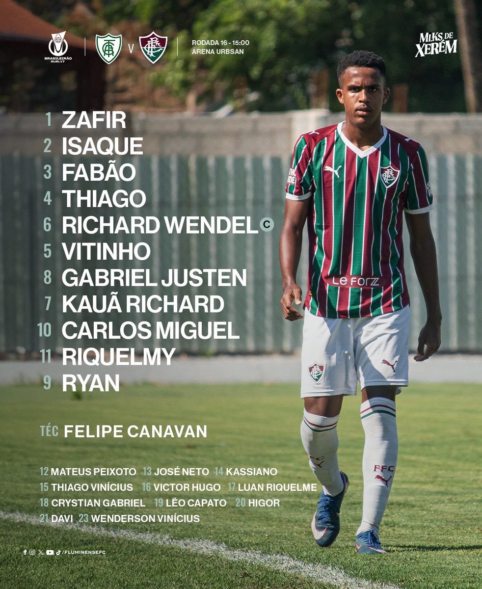 FluminenseFC's tweet photo. Os #MlksDeXerém estão escalados para a partida contra o América-MG, pelo Brasileirão Sub-17! #VemQueTem https://t.co/WyQAyTmPLc