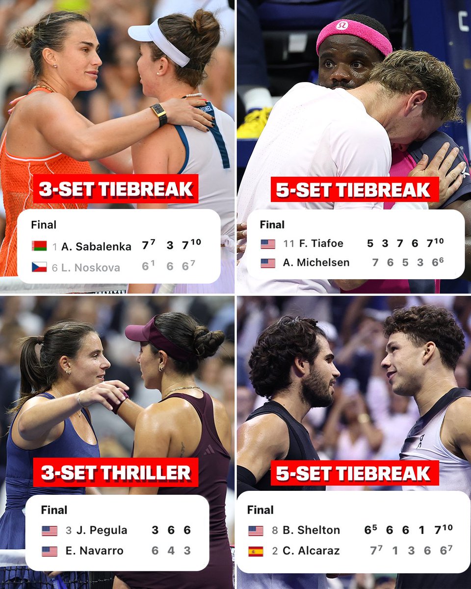espn's tweet photo. Craziest day ever at the US Open? 🎾

All quarterfinals singles matches on Tuesday went the distance, with the Ben Shelton-Carlos Alcaraz match finishing at 3:33 AM local time 🔥 https://t.co/NOIRAyYj1h