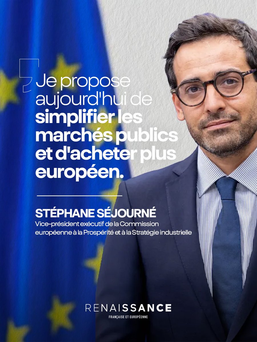Renaissance's tweet photo. Simplifier les marchés publics et acheter européen pour renforcer notre économie. 🇪🇺

Moins de bureaucratie, moins de temps perdu, plus de liberté pour ceux qui achètent au quotidien, @steph_sejourne propose de simplifier les marchés publics pour permettre à l’Europe de privilégier davantage les entreprises et les produits européens.