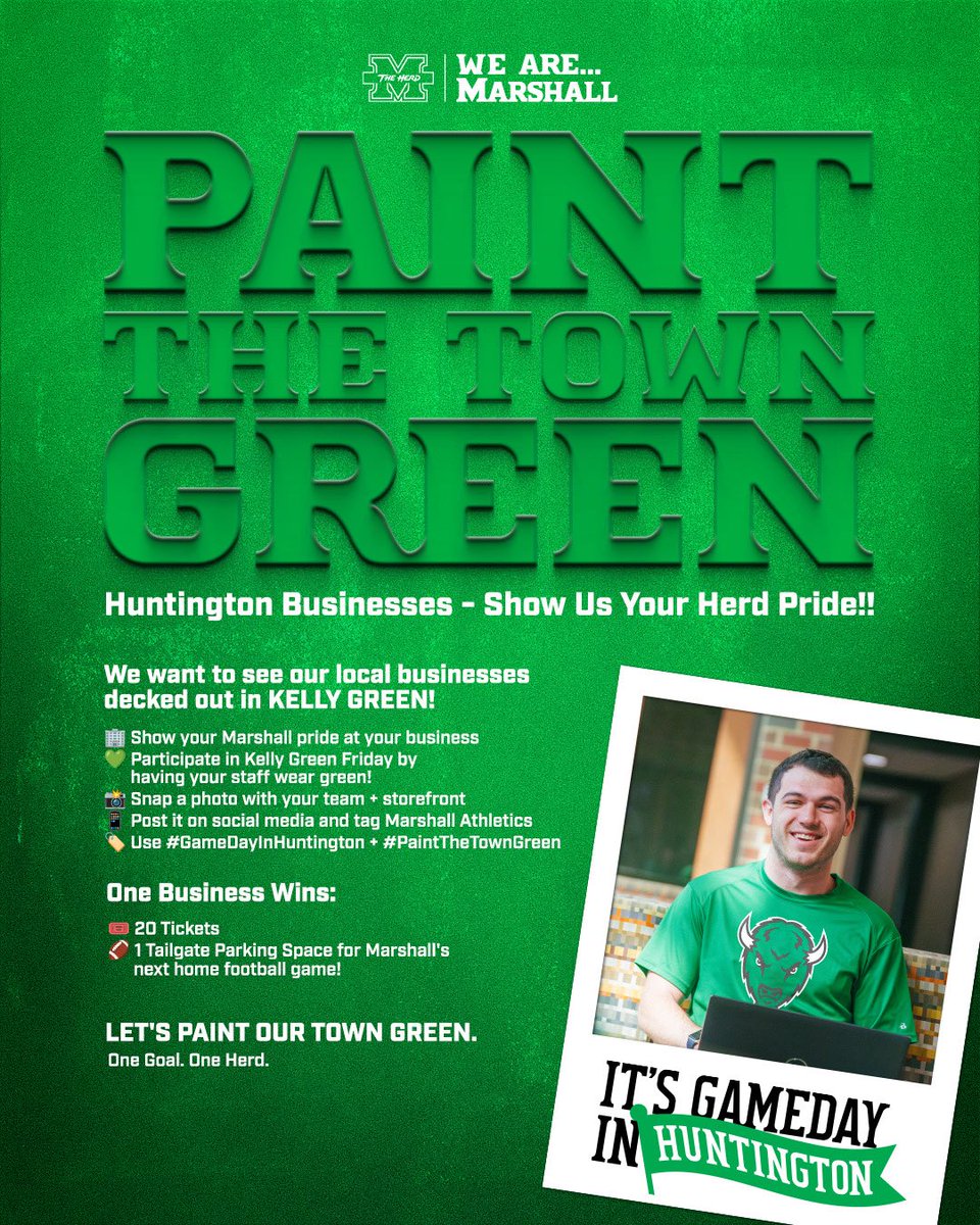 GJHJ's tweet photo. Let’s Paint The Town Green! 

Local businesses we have a deal for you! Fly our flag, put “We Are Marshall” on your marquee/window or wear Kelly Green every Friday &amp; you can win BIG! 

Let’s welcome our visitors to GameDay in Huntington and show Marshall Pride! 

#WeAreMarshall https://t.co/yTb9BhDzL6