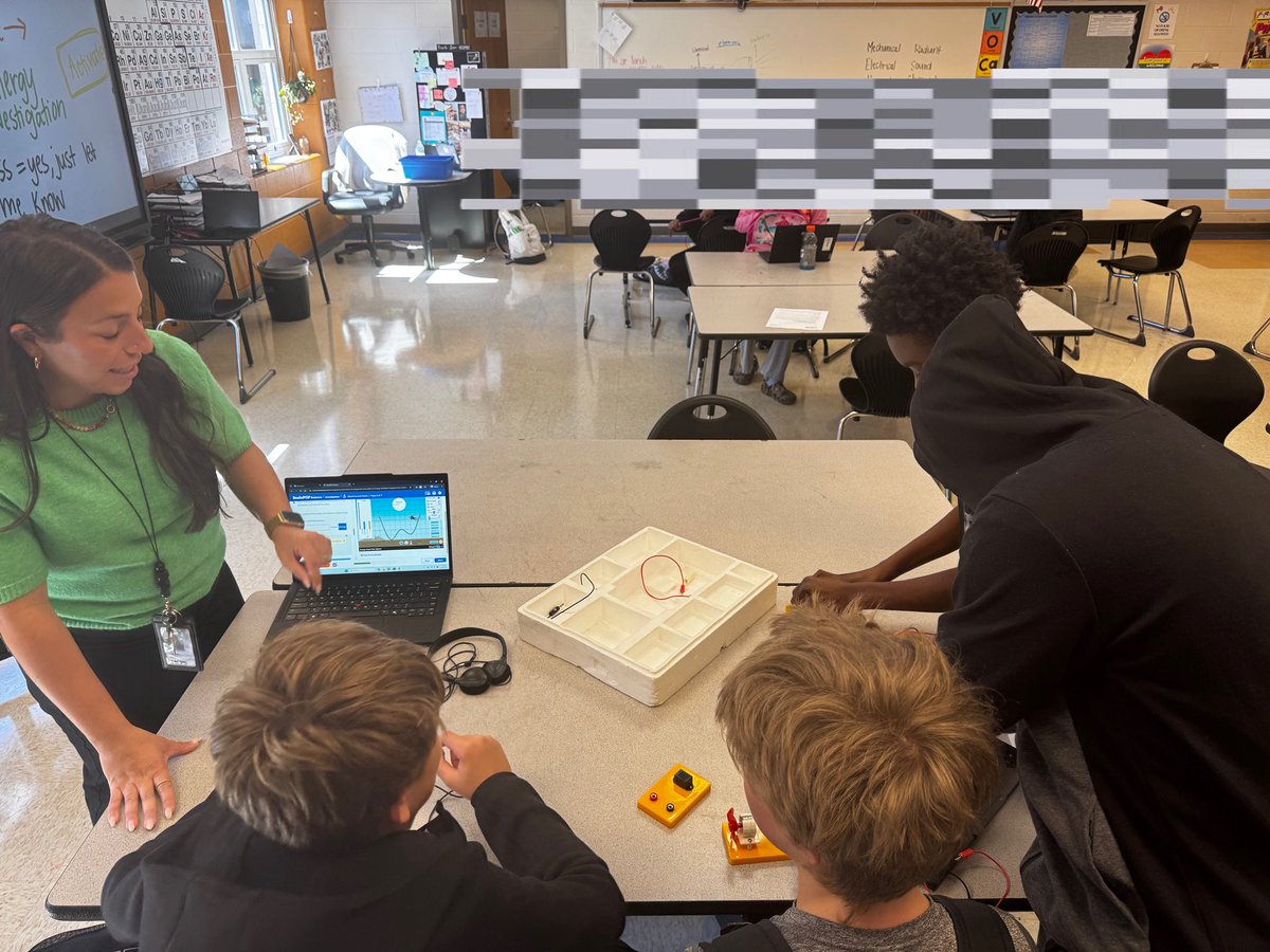 ElkoMiddle's tweet photo. Mrs. Brous, along with some of her 8th‑grade students, is working together to build energy transformations. #mindsatwork #ElkoMS #sciencestudent https://t.co/orqYBCwUVE