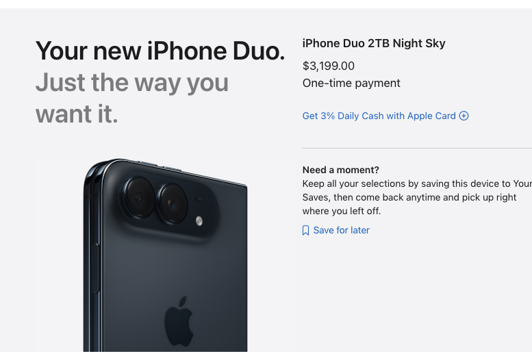 Jason's tweet photo. iPhone Duo with max memory at $3,200 -- more expensive than my MacBook Pro! https://t.co/MjDY2VQdTb