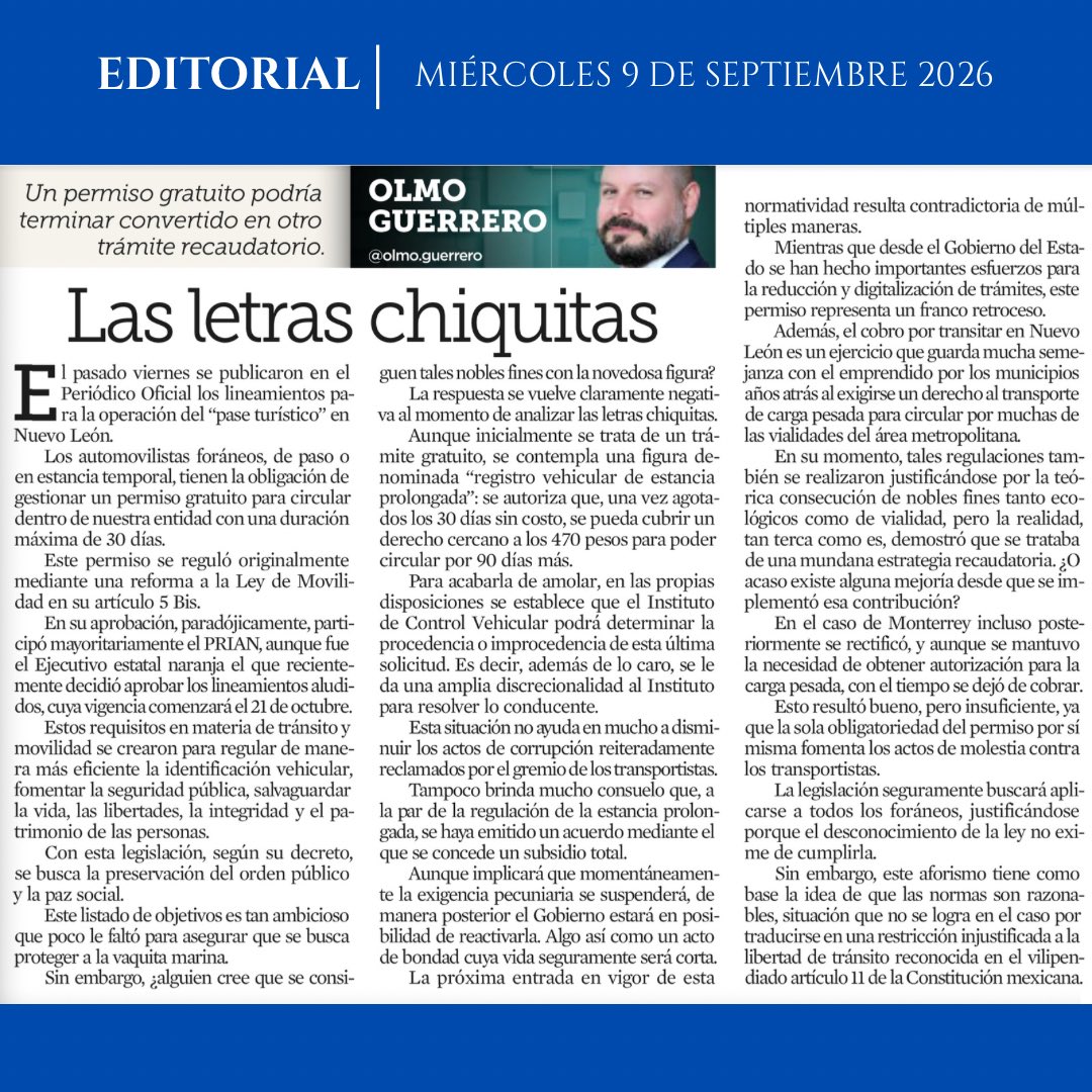 olmo_guerrero's tweet photo. 🚗 Las letras chiquitas del pase turístico

30 días gratis… y después, un posible cobro cercano a $470, además de discrecionalidad para autorizarlo.

¿Regulación de la movilidad o nueva estrategia recaudatoria? 👀

⚖️ ¿Y la libertad de tránsito?

#NuevoLeón #Movilidad #Monterrey https://t.co/QYM7KobAXM