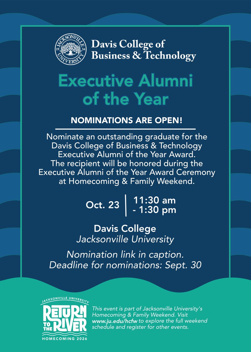 JUbusiness's tweet photo. Calling all alumni and friends of the Davis College! Now is the time to recognize and honor a distinguished alumnus who has achieved exceptional career success and made a significant, positive impact in their field: https://t.co/ZG7EdaeyJm https://t.co/9kieg1Pkur
