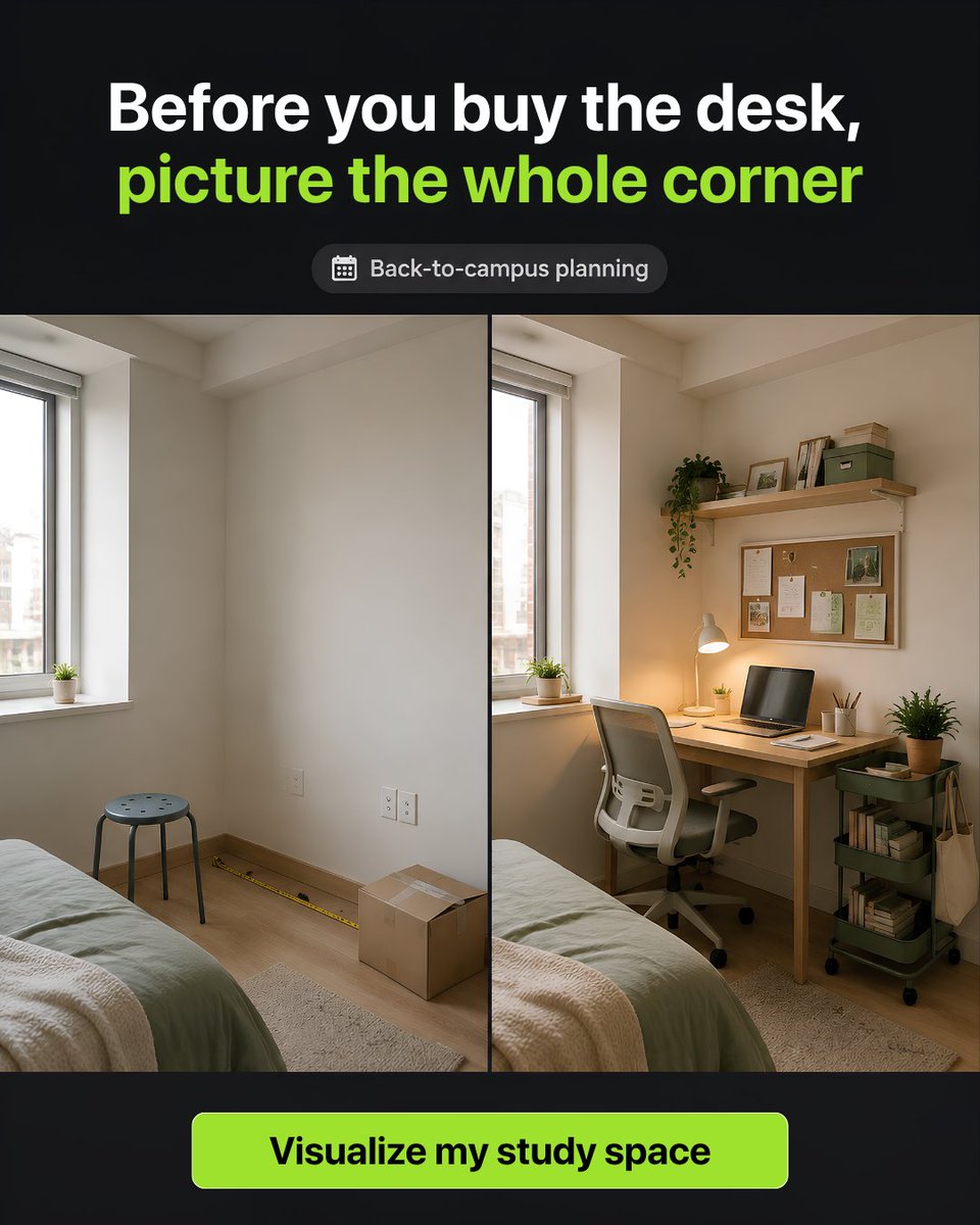 DesignSenseAI's tweet photo. Before you buy the desk, picture the whole corner.

Visualize your study space with DesignSense AI 👇
Website: https://t.co/VO95mA2g4j
iOS: https://t.co/kdezU7cVvV
Playstore: https://t.co/61MIP6PBIi

#DesignSenseAI #StudySpaceIdeas #DormRoomDesign #HomeOfficeInspo #AIRoomDesign https://t.co/ojbRUSkMRj
