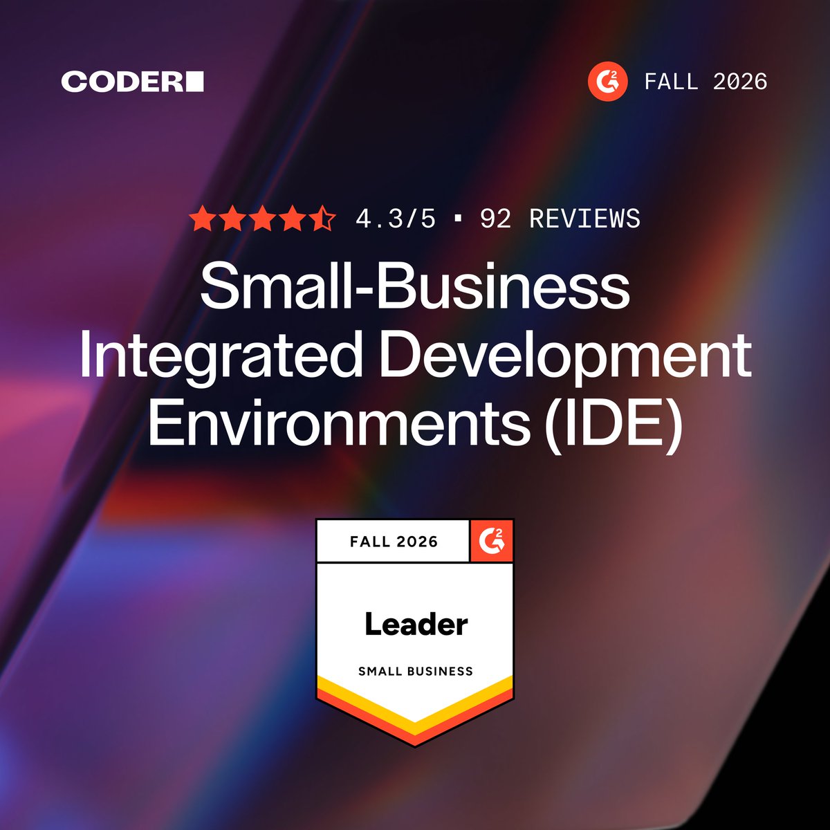 coderhq's tweet photo. G2 named Coder a Leader across every segment in the Fall 2026 IDE Grid Report. One reviewer: templates run identical and reproducible for every developer and AI agent.
https://t.co/BZvO6UfFqM https://t.co/PaF3PW3Fir