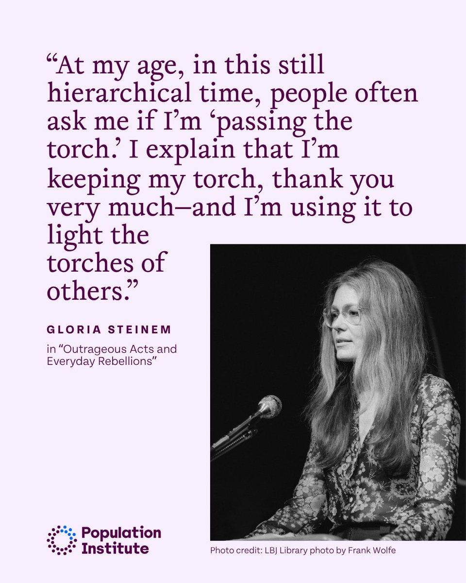 PopInstitute's tweet photo. The Population Institute mourns the loss of Gloria Steinem, a transformative feminist, organizer, writer, and champion for gender equality, bodily autonomy, and reproductive freedom. Her torch is still burning. We honor Gloria’s legacy by continuing to promote universal #SRHR. https://t.co/cTstykOLbP