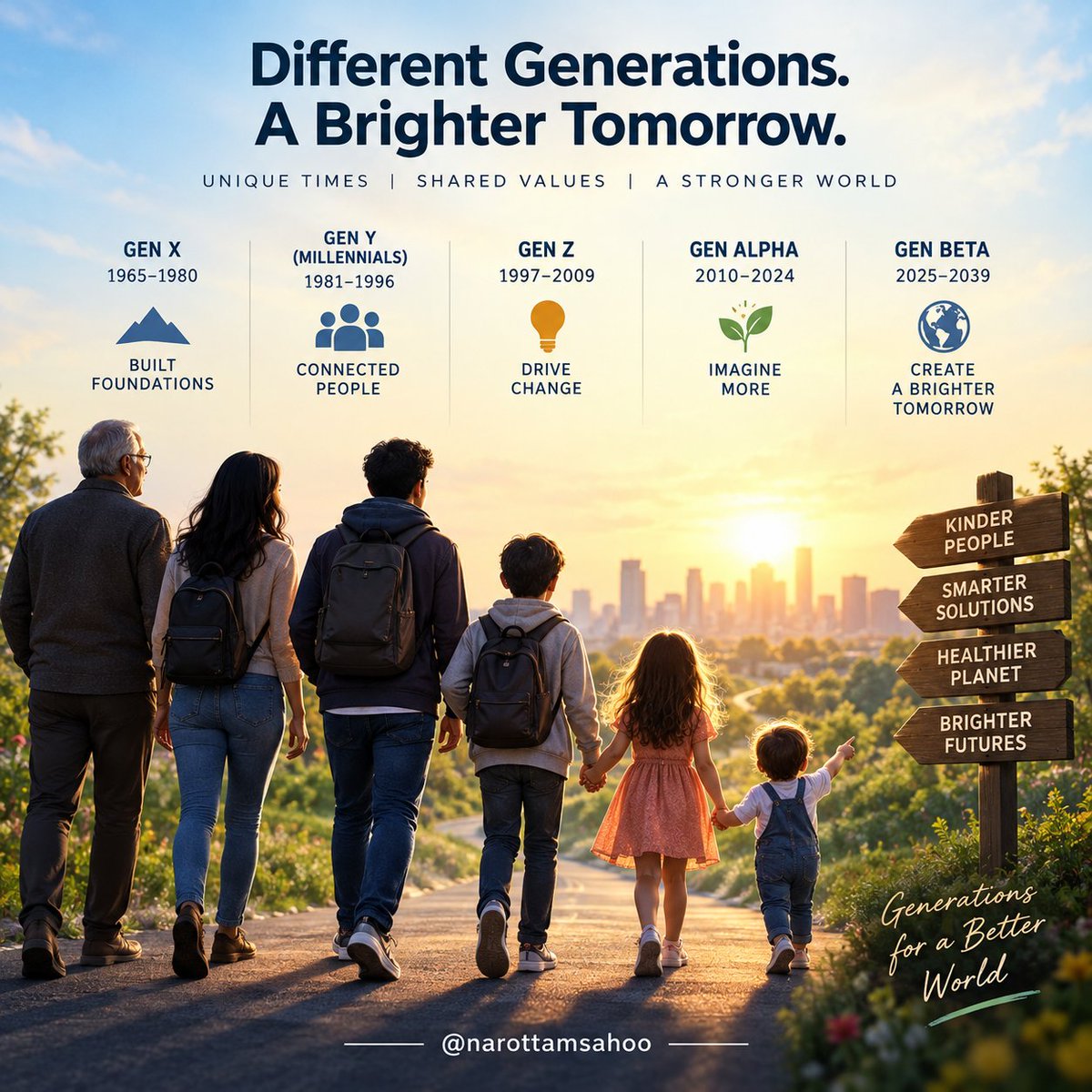 narottamsahoo's tweet photo. Every generation carries a unique story - shaped by the world it inherits, yet gifted with the power to shape the world that follows.
Inspired by #McCrindle’s Generations Defined, we are reminded that generations are more than labels; they represent changing perspectives, experiences, aspirations and possibilities.
From Gen X and Millennials to Gen Z, Gen Alpha and the emerging Gen Beta, our greatest responsibility is not simply to understand each generation, but to nurture its curiosity, strengthen its #character, harness #technology with #wisdom, and #empower its #potential.
Let us not merely define #generations.
Let us inspire them to dream bigger, equip them to lead wisely, and empower them to build a kinder, stronger and more #sustainable world.
Because the future is not something we simply inherit.
The future is something we inspire, shape and build - today.