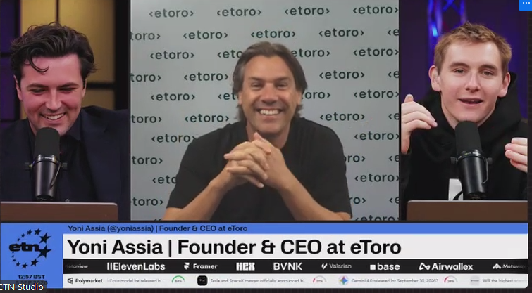 eToro's tweet photo. etoro Co-Founder and CEO @yoniassia joined @etnshow Live to discuss how AI is transforming investing, from the democratisation of finance and the rise of AI agents to etoro's evolution into an AI-first business and how our users are already embracing AI. 

Watch the full interview below (starting at 1:02:51). 👇  

https://t.co/VPgLEBABAL