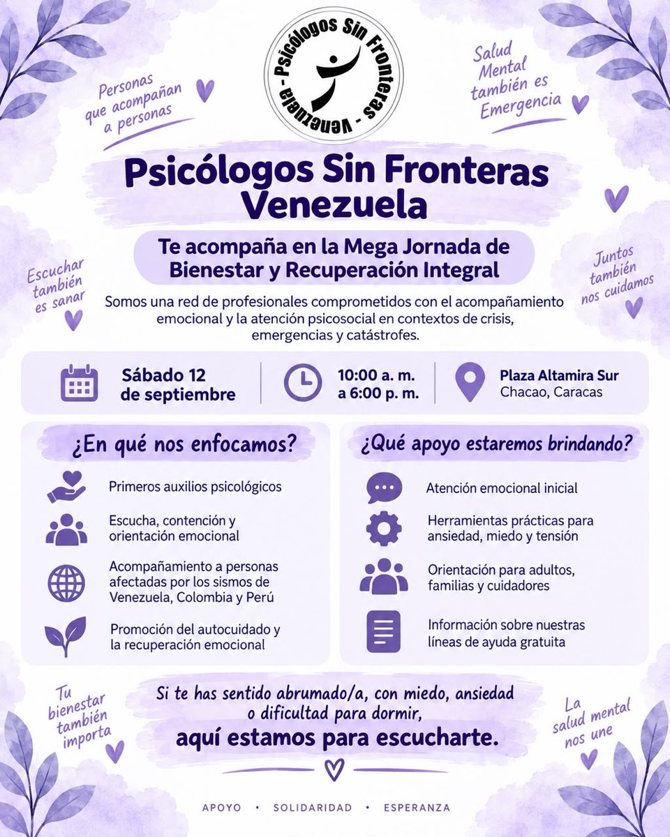 JEPvzla's tweet photo. La atención a la salud mental y el bienestar psicosocial son pilares fundamentales para el fortalecimiento individual y comunitario. Psicólogos Sin Fronteras @psfvenezuela de Venezuela invita a toda la ciudadanía a participar en la Jornada de Bienestar y Recuperación Integral. https://t.co/g8OxfX0mwk