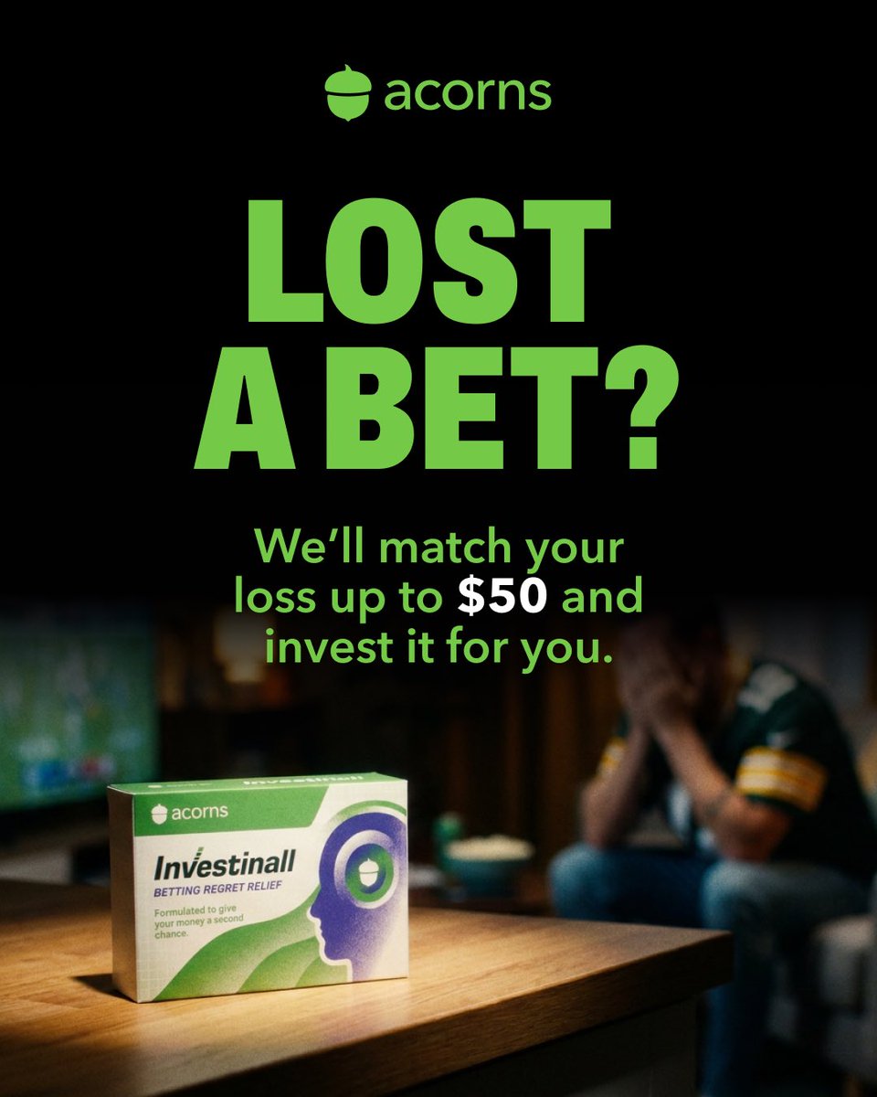 acorns's tweet photo. Lost a bet??? We’ll match your loss up to $50 and invest it for you! https://t.co/XFIHaEfOtg