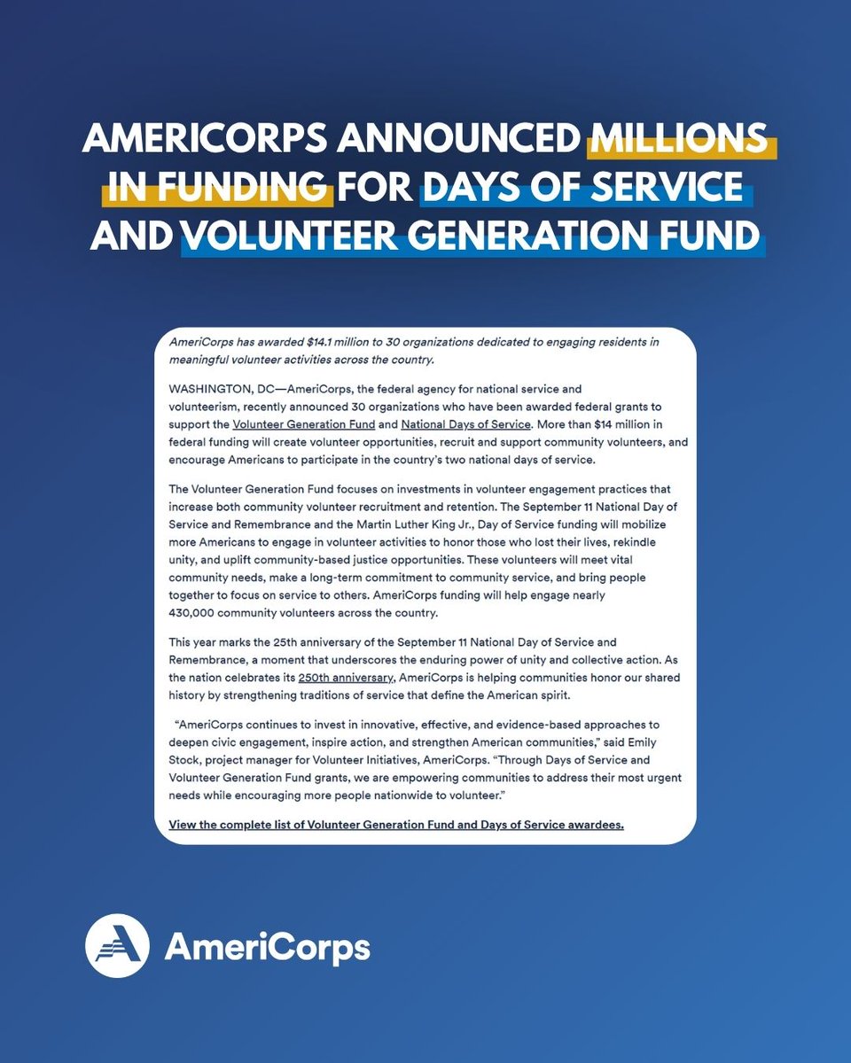 statecommission's tweet photo. State Service News!
AmeriCorps recently awarded more than $14 million to 30 organizations dedicated to engaging residents in meaningful volunteer activities across the country. Read the press release: https://t.co/3VvRjPH2FF
#AmeriCorps #VGF #DaysofService #VolunteerGeneration https://t.co/lKt6nHD5jp