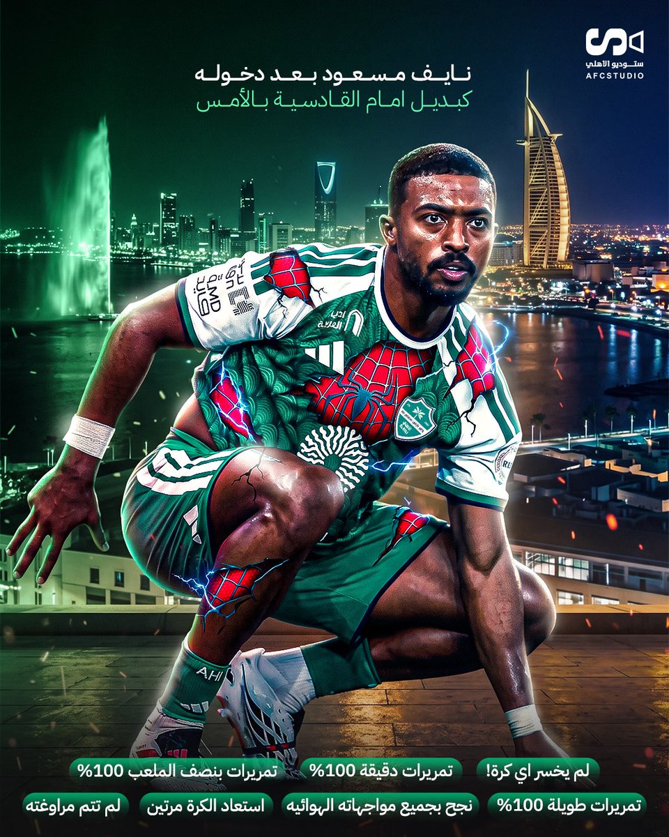 AFCStudio1's tweet photo. 📊🔄 نايف مسعود بعد دخوله كبديل امام القادسية بالأمس : 

• لم يخسر اي كرة 👏🏻
• تمريرات دقيقة 100% 🤩
• تمريرات بنصف الملعب 100% 🟢
• تمريرات طويلة 100% 🤯
• نجح بجميع المواجهات الهوائيه 💪🏽
• استعاد الكرة مرتين 🥶
• لم تتم مراوغته 🚫 https://t.co/FpOrxcdlm9