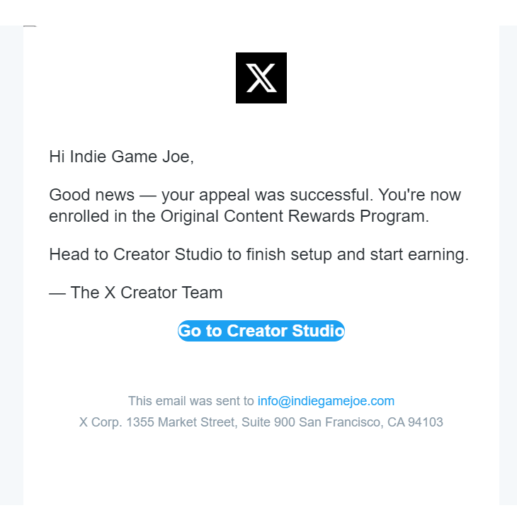 IndieGameJoe's tweet photo. Guys, appeal successful! Thank you to everybody who reached out with kindness and support. And a huge thank you to the X team for taking the time to look at it again.

I absolutely love writing about indie games and building this corner of X for indie devs. Thank you all again! https://t.co/GFAb9gGcl5