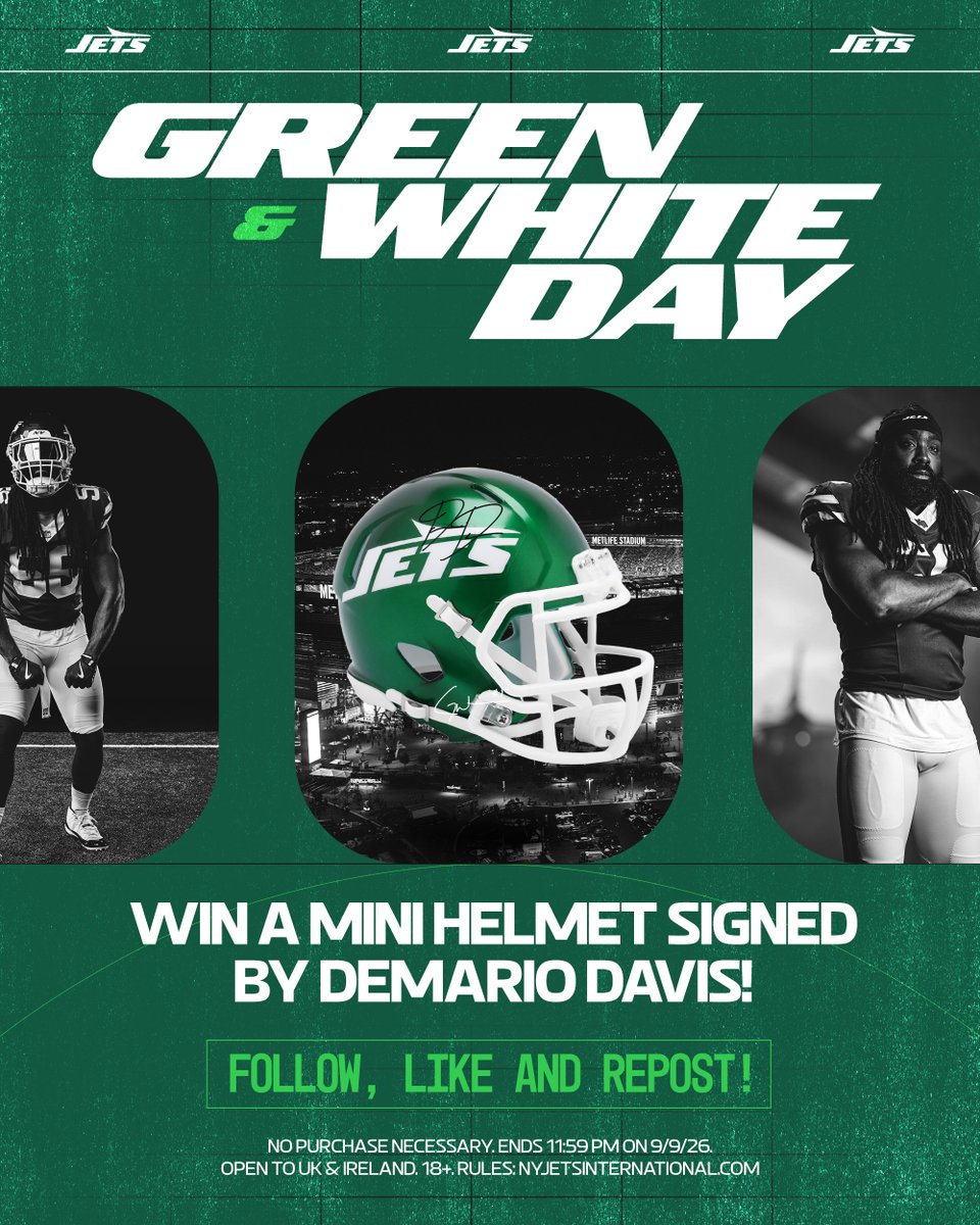 NYJetsinUKandIE's tweet photo. One more prize anyone? 😎

We've got a mini helmet autographed by Demario Davis to give away! 🫡

Follow us, repost and like to enter! #JetsPrizeDraw 

T&amp;Cs available below! https://t.co/RXFts9Zmjq