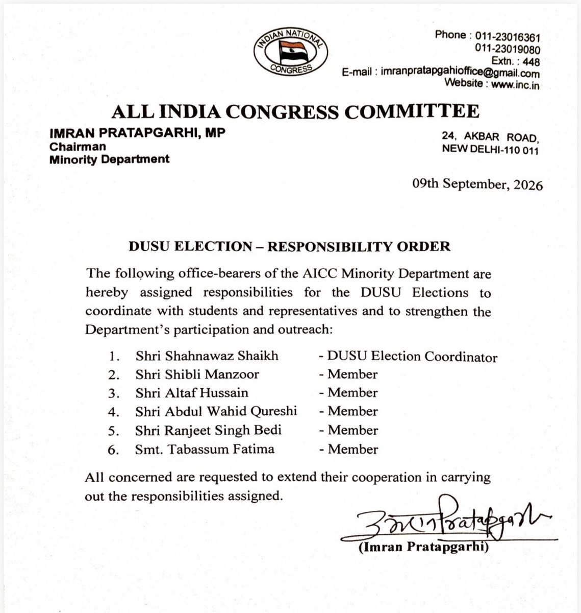 INCMinority's tweet photo. The following office-bearers of the AICC Minority Department are
hereby assigned responsibilities for the DUSU Elections to
coordinate with students and representatives and to strengthen the
Department's participation and outreach - https://t.co/ZmNI7eY90K