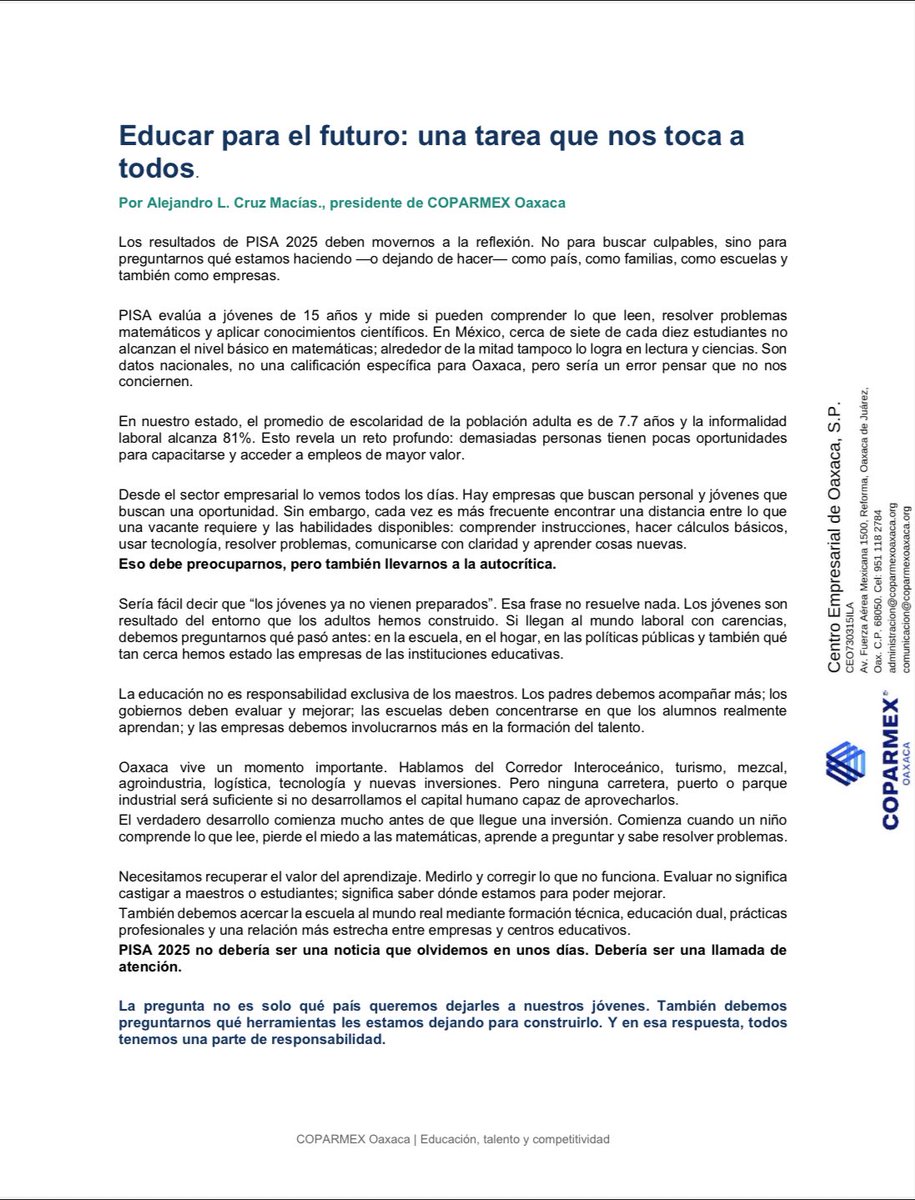 Coparmexoaxaca's tweet photo. 📚 Los resultados de PISA 2025 nos llaman a reflexionar sobre la educación y el futuro del talento en México. Desde COPARMEX Oaxaca impulsamos una mayor vinculación entre educación, empresas y desarrollo. https://t.co/HZDbZpFn0L
