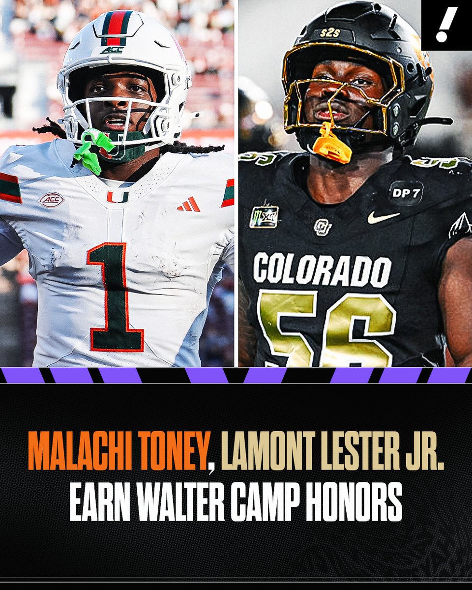 YahooSports's tweet photo. Miami's Malachi Toney and Colorado's Lamont Lester Jr. earn Walter Camp National Player of the Week honors 👏

Toney went for 234 yards and 3 TDs vs. Stanford, while Lester finished with 3 sacks vs. Georgia Tech. https://t.co/Z6WGtBaHnR