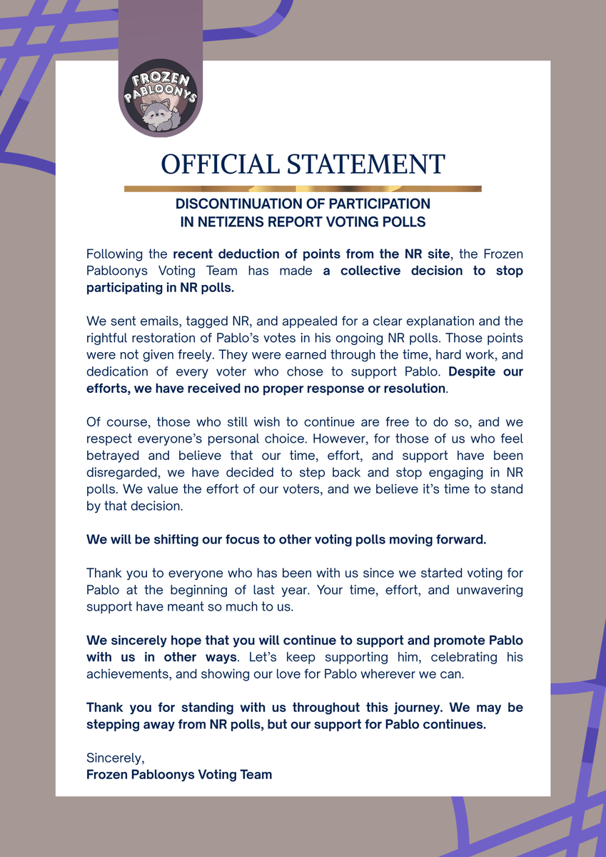 frzn_pabloonys's tweet photo. Thanks for everything @thenreport. It was a good 2 years but when effort is disregarded, we need to let go. 

We fought hard in website polls. We patiently watched ads through the voting app. These efforts were made with love and dedication for Pablo.

Kami ay UUSAD na and will shift our focus to other voting polls moving forward.