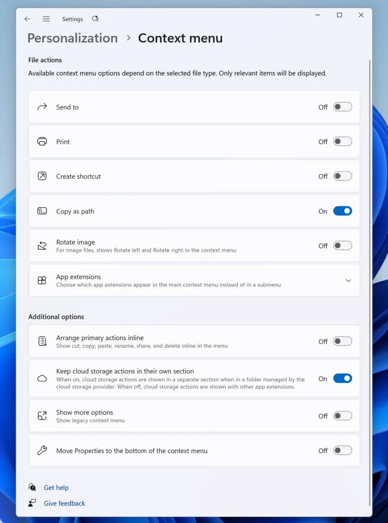 Showing the new context menu settings, where you can choose if you want sent to, print, create shortcut, and various app extension options to be top level