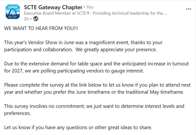 SCTEGatewayCh's tweet photo. WE WANT TO HEAR FROM YOU!!!
This survey involves no commitment; we just want to determine interest levels and preferences.

Let us know if you have any questions or other great ideas to share.
https://t.co/H8AvKN8yPa https://t.co/uG4IP9HQmK