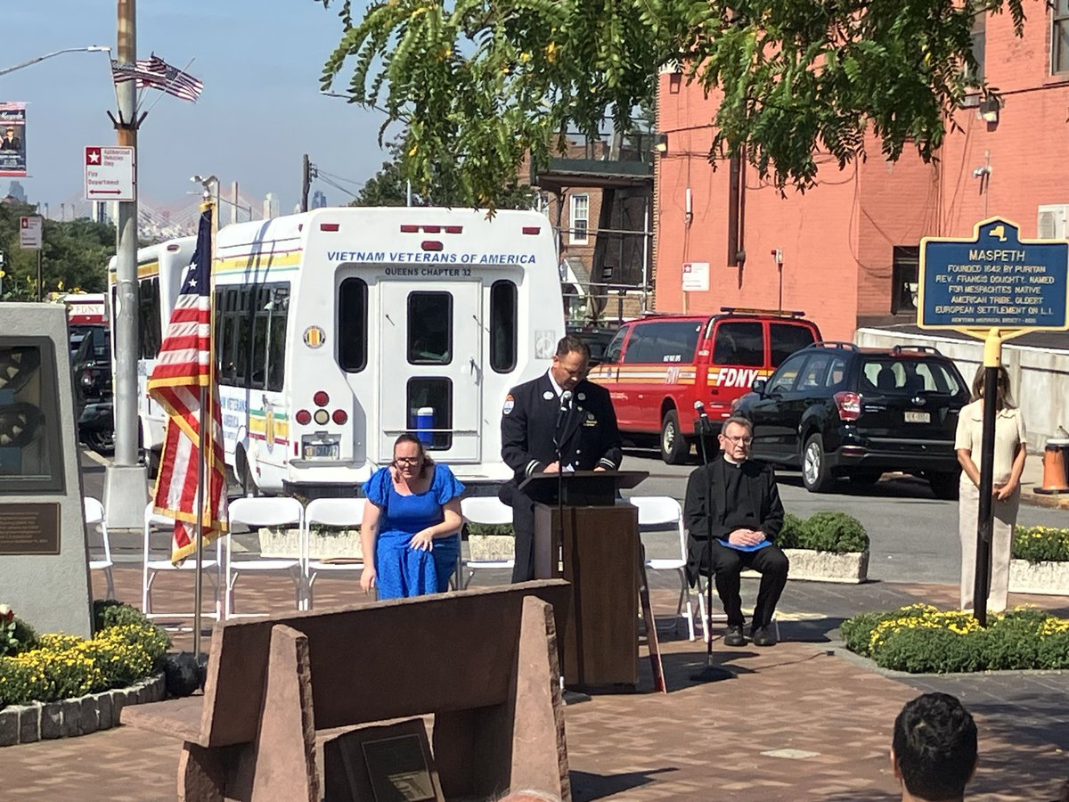 NYPD104Pct's tweet photo. Today we gathered at what will forever be known as the “Plaza of Heroes 🇺🇸” to remember all those we lost on September 11.  25 years ago we vowed to never forget and today we continue to keep their memory alive. https://t.co/EkSBQgfcFX