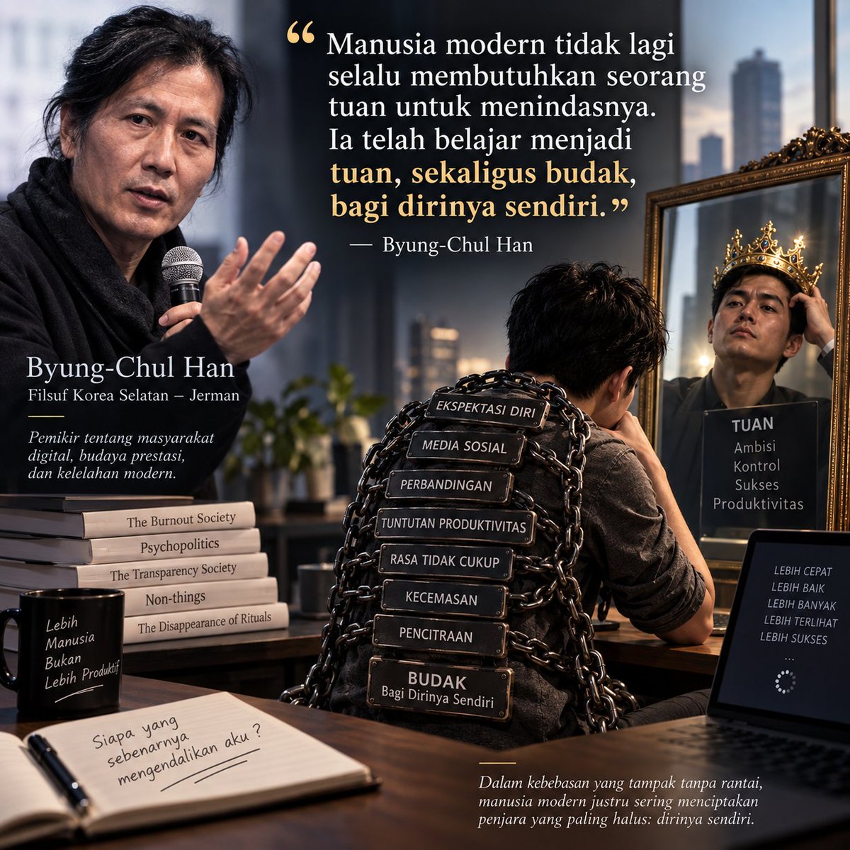Ofilsafat's tweet photo. Manusia modern tidak lagi selalu membutuhkan seorang tuan untuk menindasnya. Ia telah belajar menjadi tuan, sekaligus budak, bagi dirinya sendiri. #inspirasi #byungchulhan #eradigital https://t.co/vA9BFkUTod