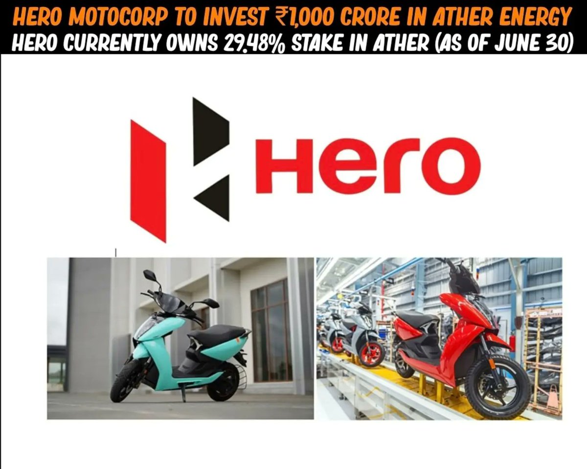 DuncanAitoga's tweet photo. Hero MotoCorp will invest up to ₹1, 000 crore in Ather Energy’s ₹2, 500 crore fundraising plan. Funds will support Factory 3. 0 in Maharashtra, targeting annual production of 1 million electric scooters and battery packs. https://t.co/SBaDxi9PPN