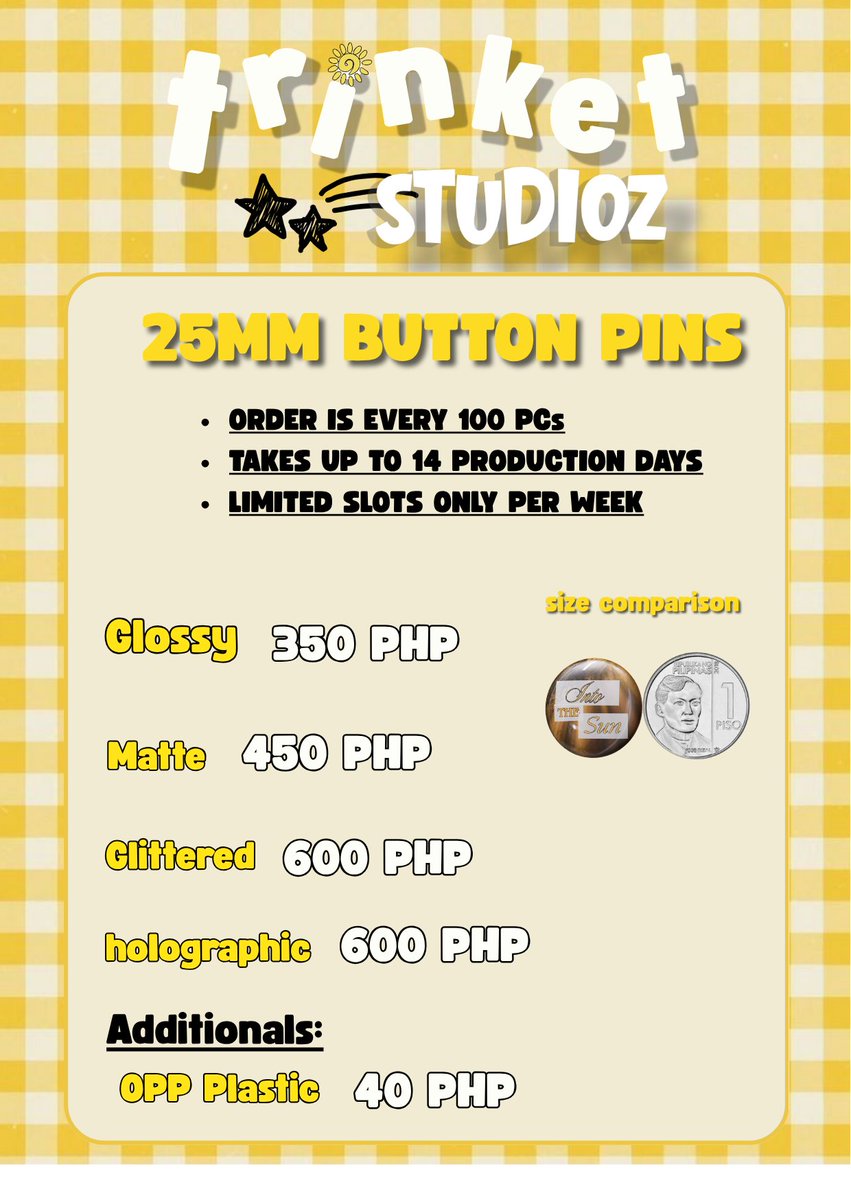 trinketstudioz's tweet photo. 25MM BUTTON PINS
PRICE IS PER 100 PCs
For the additionals, we will only provide the OPP plastic and not pack it individually https://t.co/3crAuE0zmB
