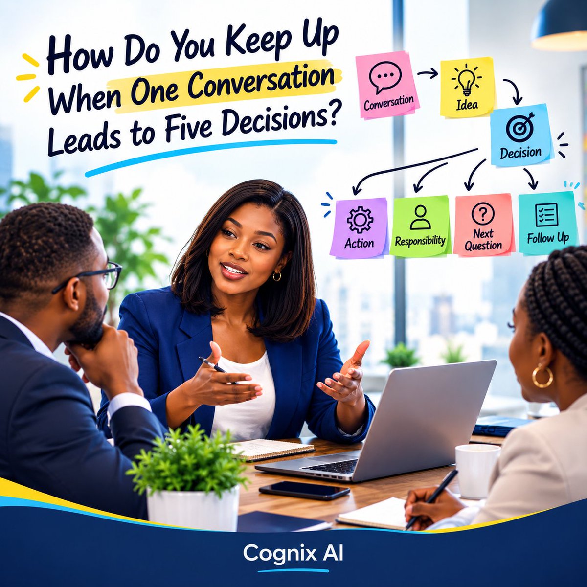 CognIXAI_X's tweet photo. How Do You Keep Up When One Conversation Leads to Five Decisions?

One conversation can quickly turn into multiple decisions, tasks, and follow-ups.

The more the discussion grows, the easier it is to miss something important.

CognIX AI helps capture key points and relevant insights in real time, so you can stay focused while keeping track of what matters.

Because a productive conversation should end with clarity, not confusion.

How do you keep track when one conversation leads to several decisions?

#AI #Productivity #Business