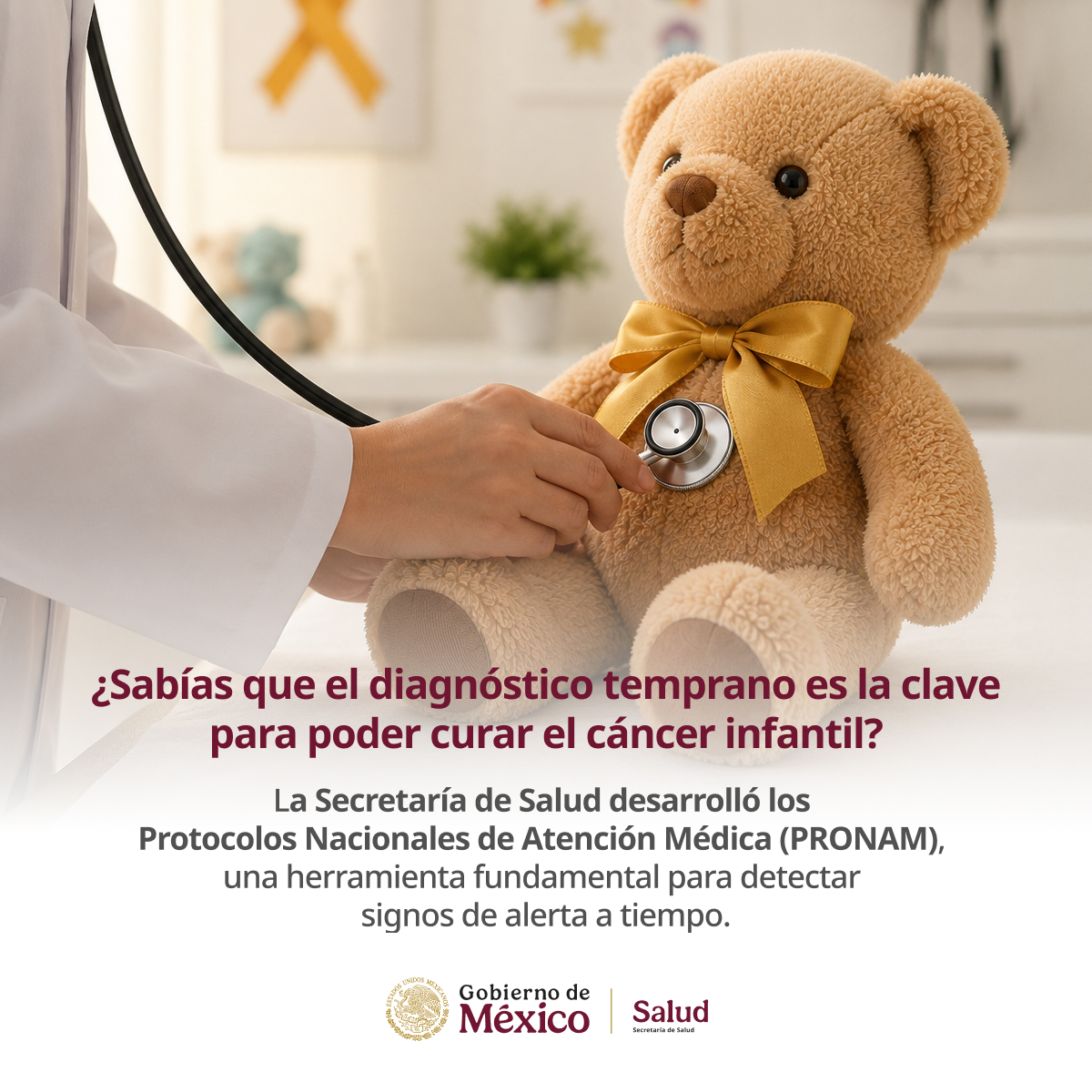 SSalud_mx's tweet photo. Septiembre | Mes de la Concientización del Cáncer Infantil 🎗

En el #CáncerInfantil La detección temprana puede marcar la diferencia.

Algunos signos de atención son pérdida de peso, fiebre persistente, cansancio intenso, dolor de cabeza frecuente, vómitos, cambios en la visión, bultos, inflamación y moretones sin causa aparente.
Conoce las señales de alerta del cáncer infantil consultando el PRONAM:  https://t.co/2julm9Cyyi

Observa a tus hijas e hijos, si presentan síntomas, consulta a un profesional de la salud.🚨🏥