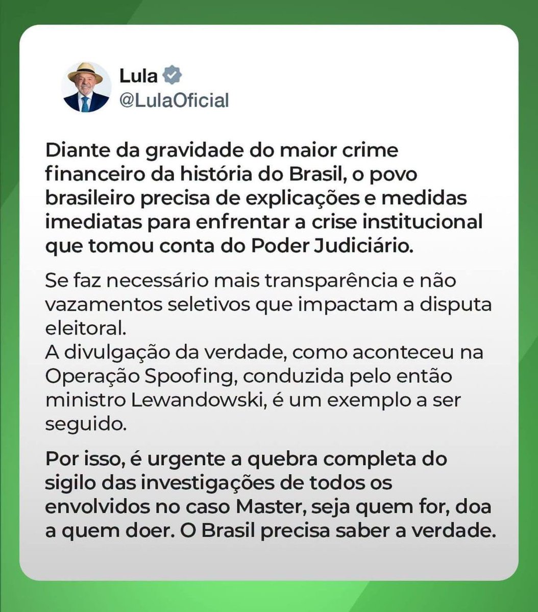 bernamarantes's tweet photo. O Brasil precisa saber a verdade 📢

Vazamentos seletivos não resolvem o problema. O povo brasileiro tem direito a uma investigação séria sobre o caso do Banco Master. 🎯

#MaisDinoMenosMendonça https://t.co/rN5et169Yt