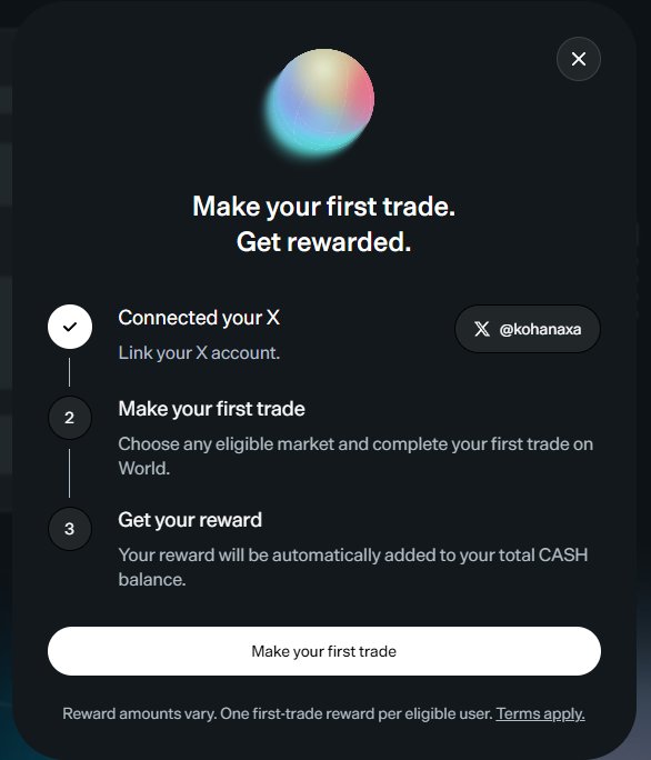kohanaxa's tweet photo. In @world_xyz 

create your account
connect to X 
place a trade (Around $5)
surprise ($10 to $1000)

https://t.co/M6sxykh3e1

*server is down now*
So try again sometimes https://t.co/jGDZOYgSek
