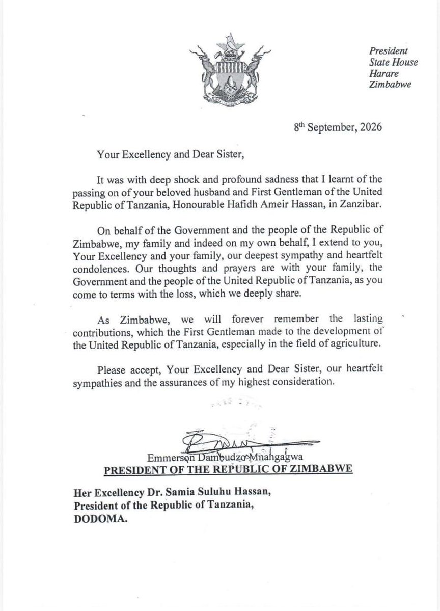 Tongaibg6's tweet photo. His Excellency President Emmerson Mnangagwa has send condolence message to Her Excellency Dr Samia Hassan on the passing of her Husband, first gentleman Honourable Hafidh Hassan.
#TanzaniaMourns https://t.co/i2UtWEgknT