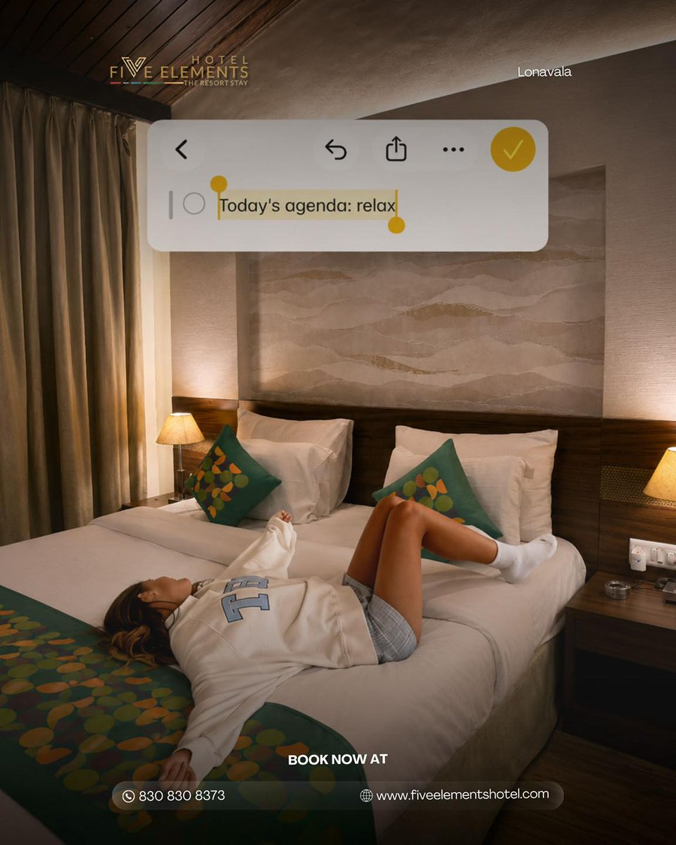 ConnieBeacwa's tweet photo. Today's agenda: relax. No alarms, no deadlines, no stress—just cozy rooms, peaceful vibes, and the comfort you deserve at Hotel Five Elements, Lonavala. Slow down, recharge, and enjoy the moment. https://t.co/BinAEDvUI8