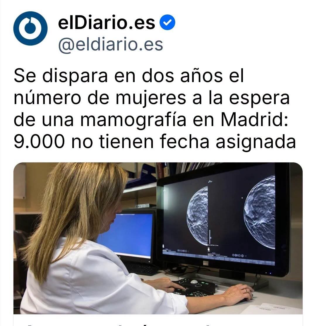 jebl_'s tweet photo. Sanidad pública desmantelada mientras miles de vidas dependen de un diagnóstico a tiempo. Que 9.000 mujeres en Madrid esperen una mamografía sin ni siquiera fecha asignada no es mala gestión: es una negligencia criminal que mata. Vergüenza absoluta... https://t.co/WfApbyPusq