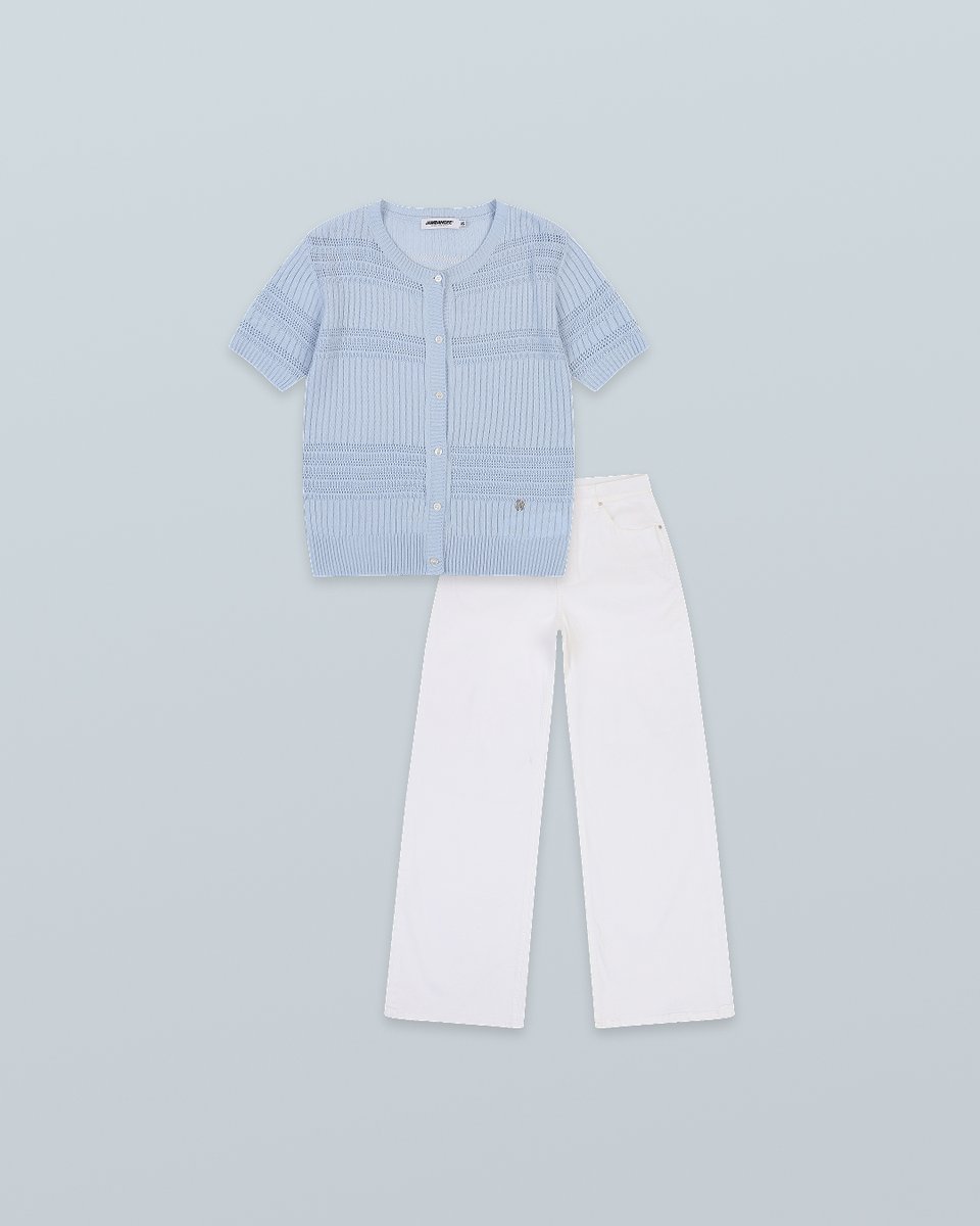 CythiaOrnevulc's tweet photo. Top: Textured knit round-neck short-sleeve cardigan 
Bottom: White Tencel banded wide loose-fit pants (WH) 
A textured knit cardigan paired with white wide-leg pants. https://t.co/6NvHmczaoY