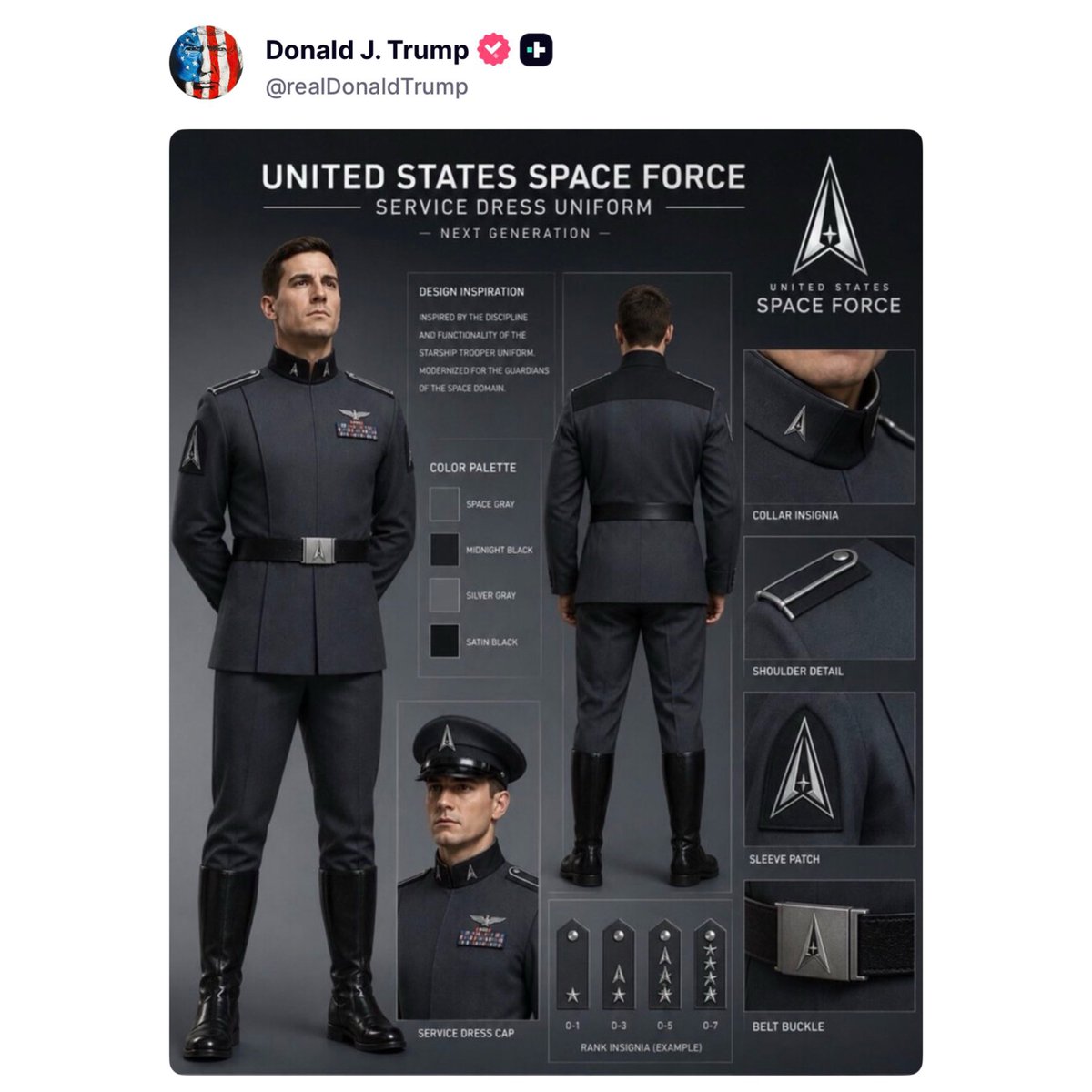 updatecharts's tweet photo. Donald Trump propõe novo uniforme para a Força Espacial dos EUA, que gera críticas por semelhanças com a farda da SS, organização do regime N4Z1ST4 de Hitler. 

A Casa Branca ainda não esclareceu se o modelo será realmente adotado. https://t.co/62uzawNmaW