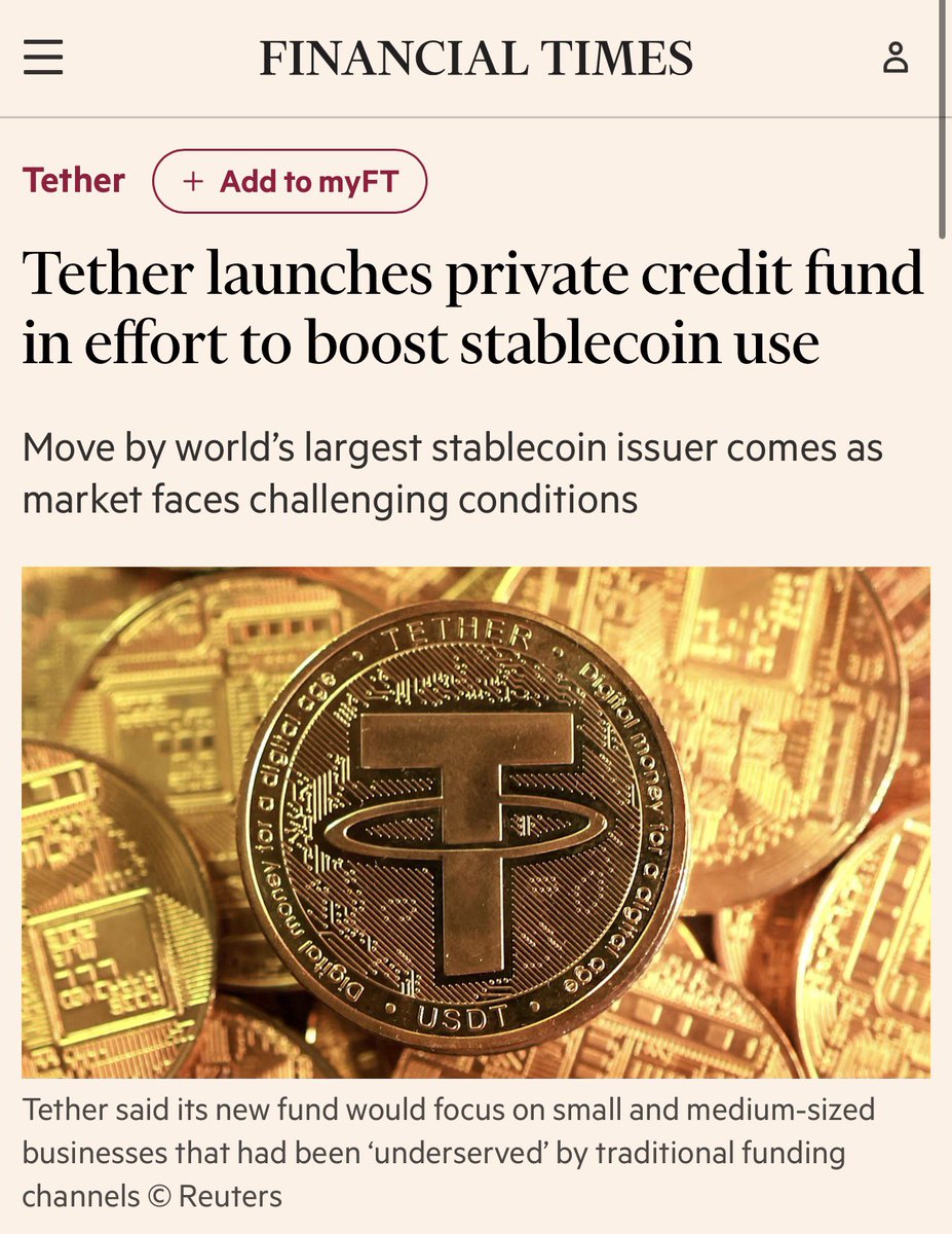 fintechfrank's tweet photo. Tether is moving deeper into private credit.

The stablecoin giant is launching a $400 million fund with Fasanara Capital, with plans to raise as much as $3 billion from outside investors.

StableFund will target financing for underserved small and mid-sized businesses, with Tether sourcing USDT-linked opportunities and providing the settlement rails.

Another sign stablecoins are expanding from payments into credit markets.