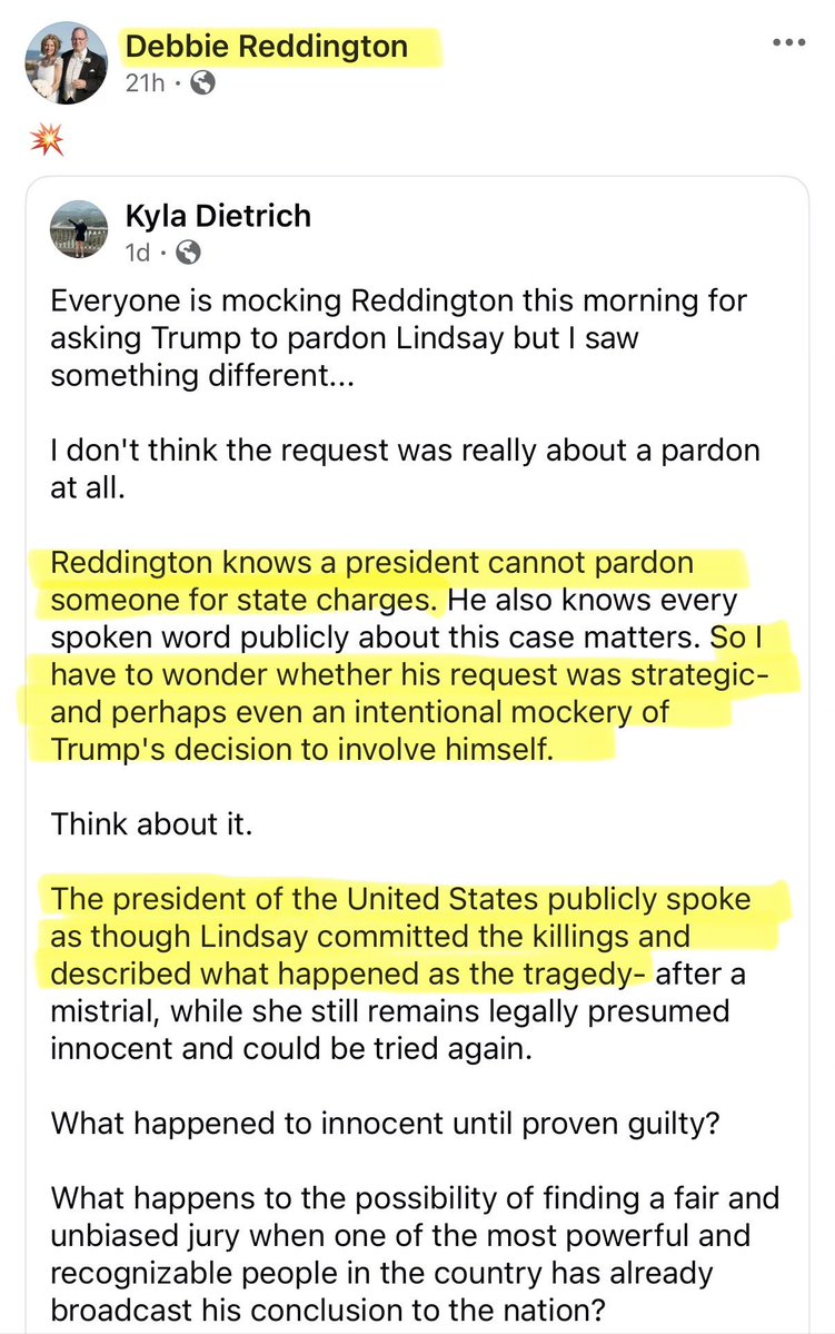 ErikaCA47's tweet photo. Debbie Reddington, wife of Lindsay Clancy’s lawyer, has posted on FB saying that Kevin Reddington knows Trump can’t pardon her. 

But it’s much more sinister. 

It alleges this is all just a big stunt to make the case that Lindsay cannot possibly have an impartial jury because of its notoriety and Trump’s comments. 

The media circuit tour makes sense now. Make it so she can’t be tried again. Despicable.