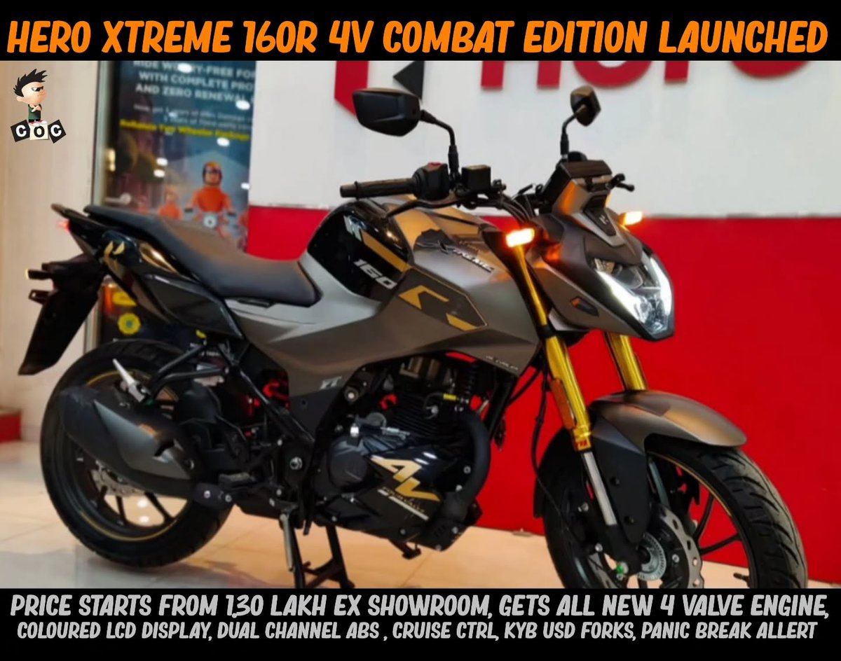 ElliotMongih4's tweet photo. All-new Hero Xtreme 160R 4V Combat Edition is arriving at dealerships. Key upgrades: ride-by-wire, cruise control, LCD console with smartphone connectivity, panic brake alert, wider radial rear tyre, dual-channel ABS, 3 ride modes, KYB USD forks, https://t.co/Y6fqgYFrVe