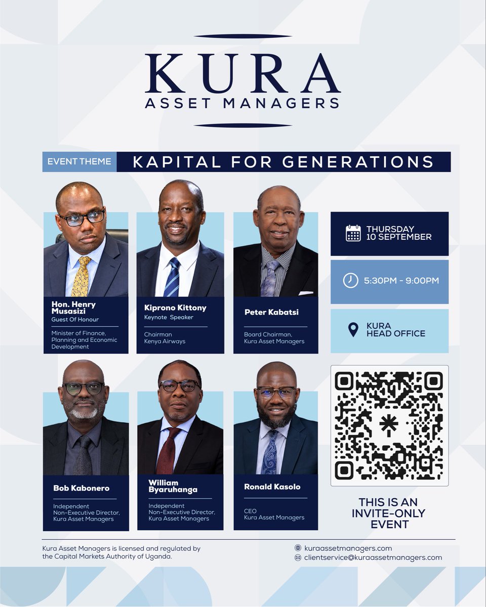 KURA_Ug's tweet photo. #KapitalForGenerations

A new chapter begins.

KURA Asset Managers officially launches, bringing together leaders from business, government and industry for an evening focused on the future of capital.

Guest of Honour: Hon. Henry Musasizi

Keynote: Mr Kiprono Kittony, Kenya Airways

Invitation only.
