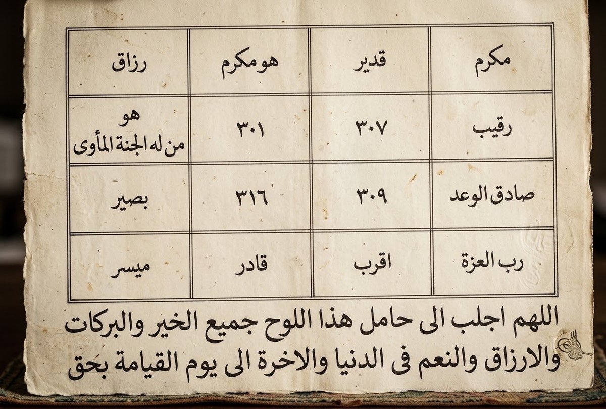 MelikSah571's tweet photo. RIZIK CELBİ
Kendiniz de yapabilirsiniz.

"Bu levha, aslında bir vefk-i murabbadır (dörtlü kare vefk), ancak bu özel durumda yazım modeline (sayıları küçükten büyüğe doldurma kuralına) uymaya gerek yoktur. Bunun yerine satır satır da yazılabilir!! 

Bulunduğunuz yerin koruyucularını (Ammār-ı Mekān) gönderdikten sonra ve Müşteri (Jüpiter) gezegeninin şerefinin zirvede olduğu zamanda, VEFK-İ (safran misk zemsem) mürekkep ve altındaki vekâletname (tevkil) ile birlikte yazın ve üzerinizde taşıyın. Yazdıktan sonra bir miktar tütsünün üzerine tutun (Akgünlük veya Ud ağacı"

(DEVAMI YORUMDA)