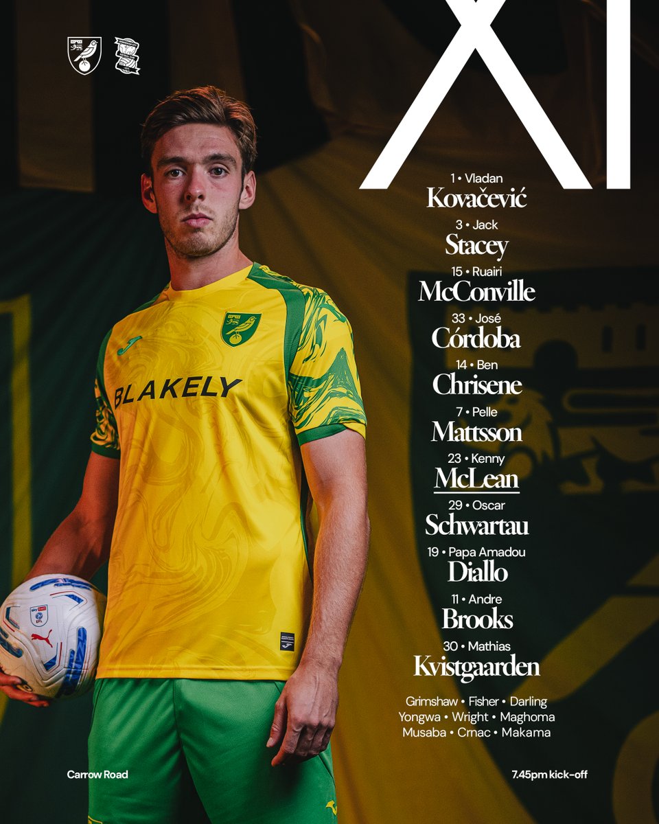 NorwichCityFC's tweet photo. 📋 Tonight's XI to take on the Blues 👇

▪️ Kvistgaarden gets his first @SkyBetChamp start 👊
▪️ Makama returns to the squad 💪 https://t.co/IX1jyjfUqX